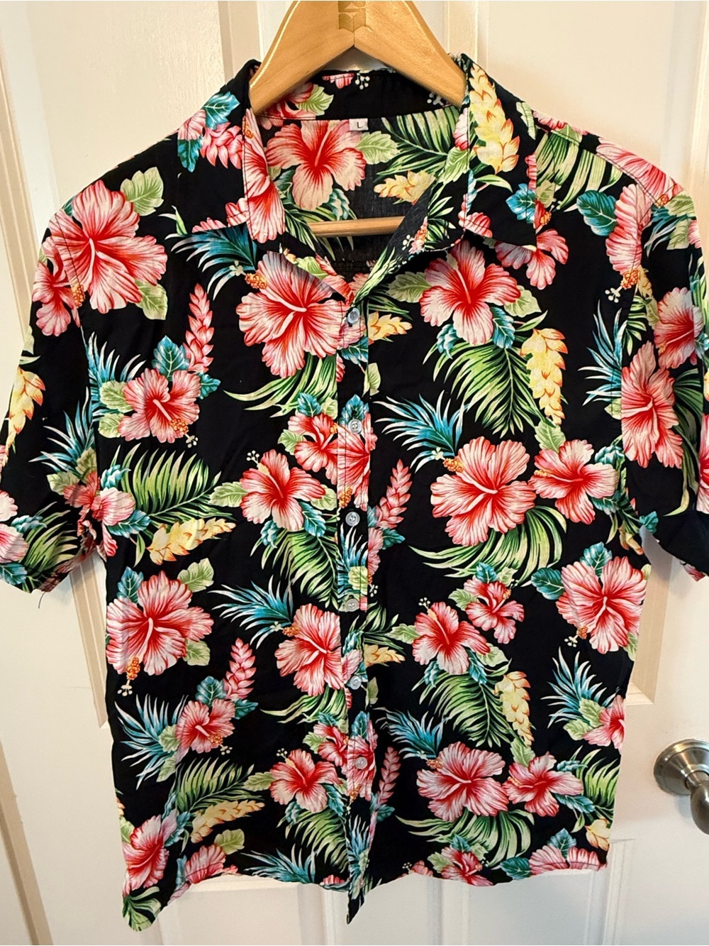Men's Black Tropical Floral Hawaiian Shirt - Red & Green Print